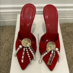 Magda Butrym Red Suede Embellished Mules Size 37 New Detachable Pearl Detail